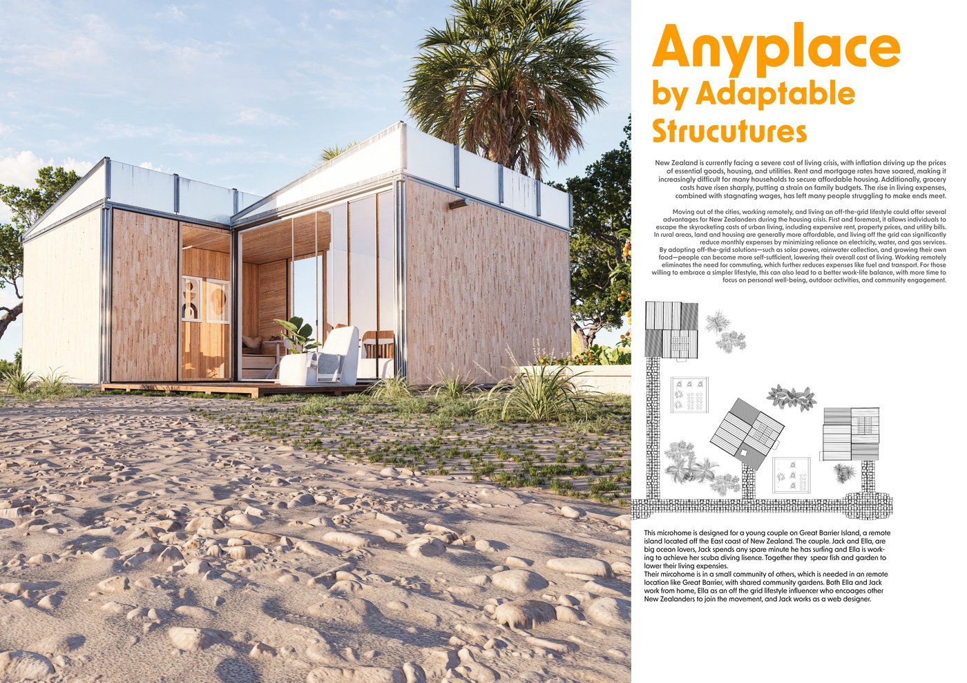 Jack and Ella microhome design study — Anyplace 2-module coastal home, Great Barrier Island