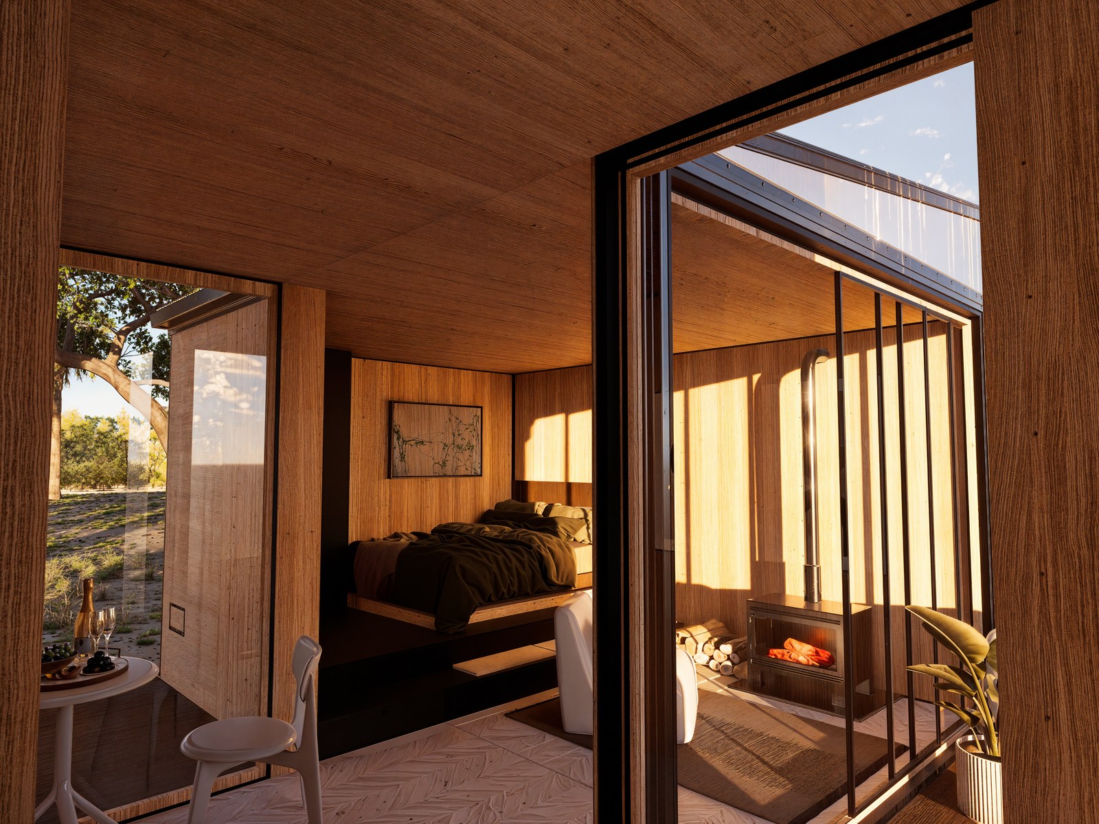 Anyplace bedroom — fireplace, golden light