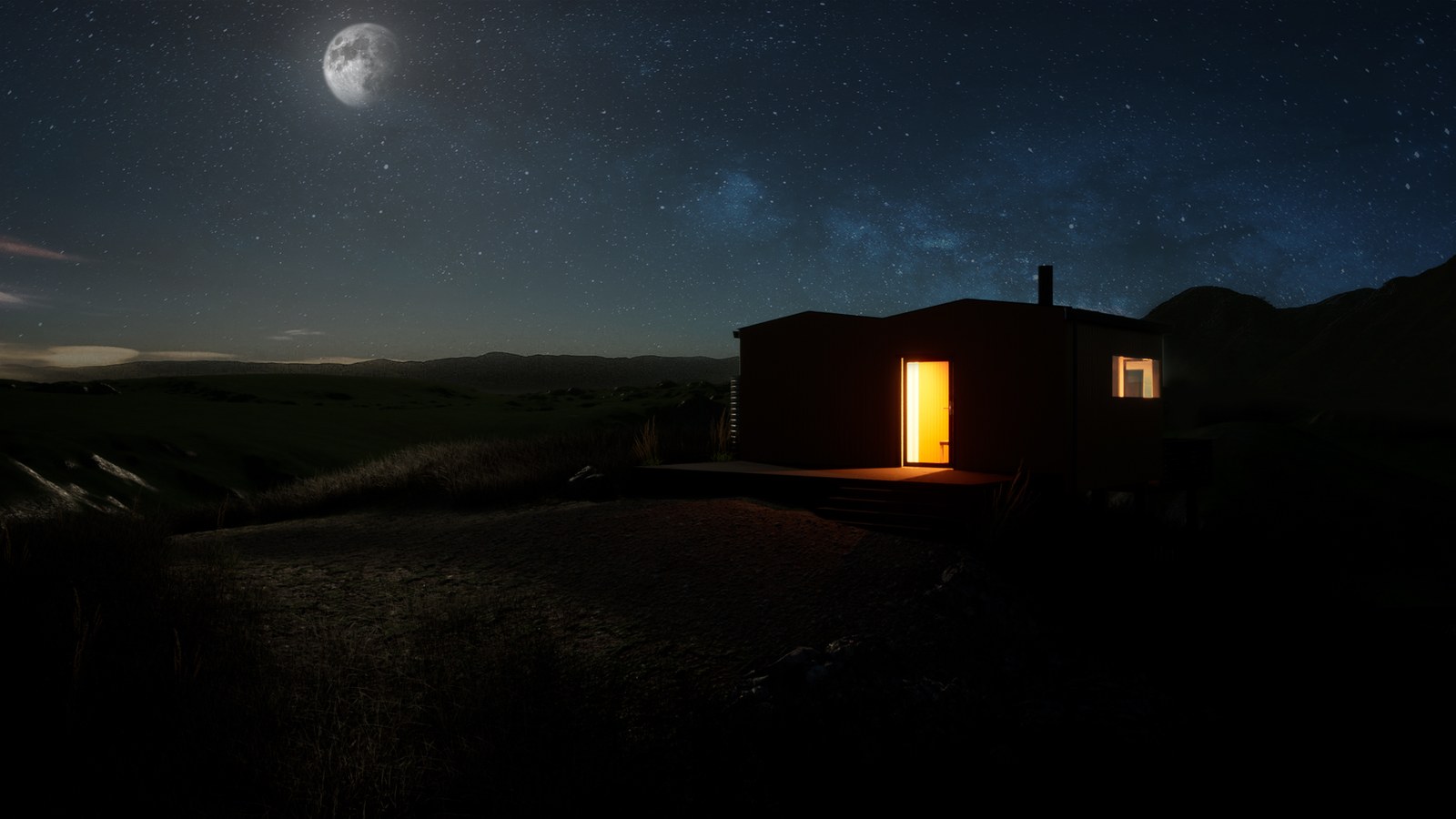 Single Anyplace module at night — moonlit highland, warm interior light