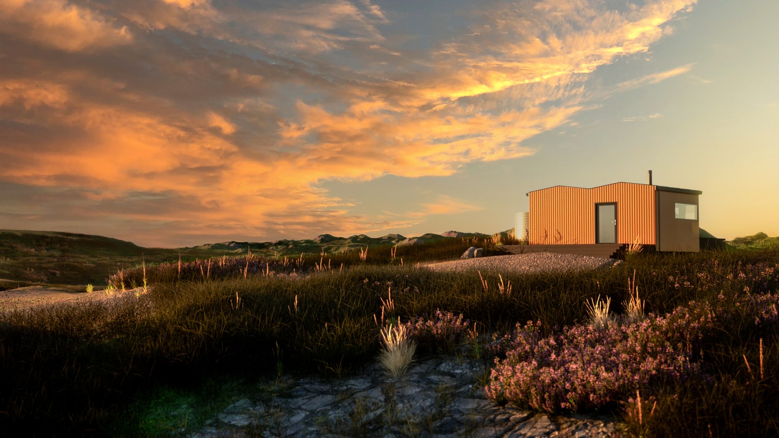Single module at sunset — highland setting, heather, dramatic sky