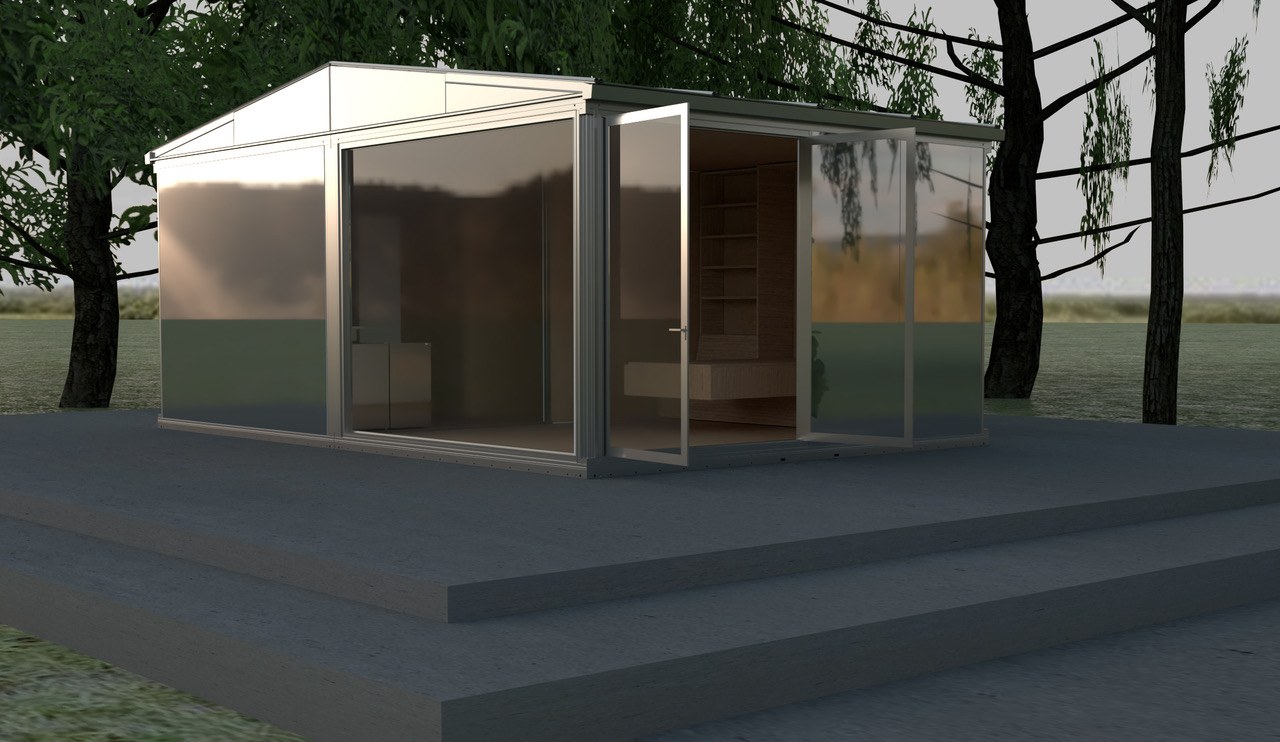 Anyplace module — bare aluminum frame exterior, glass walls, garden setting