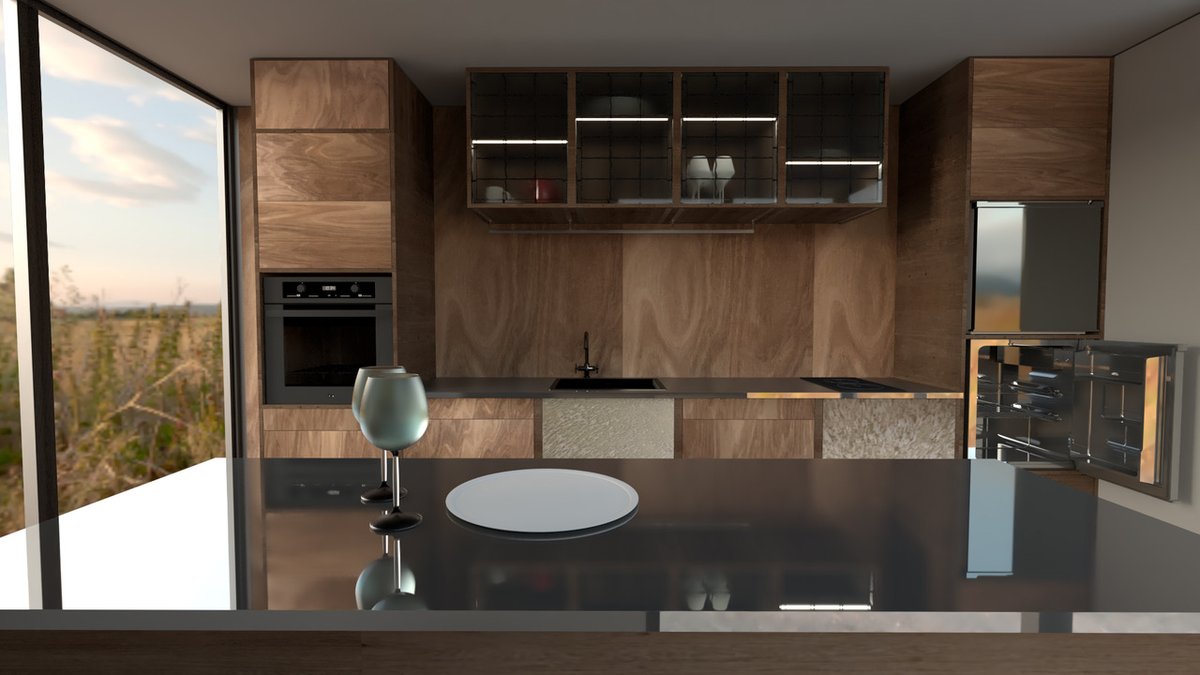 Anyplace kitchen — counter view, dark timber