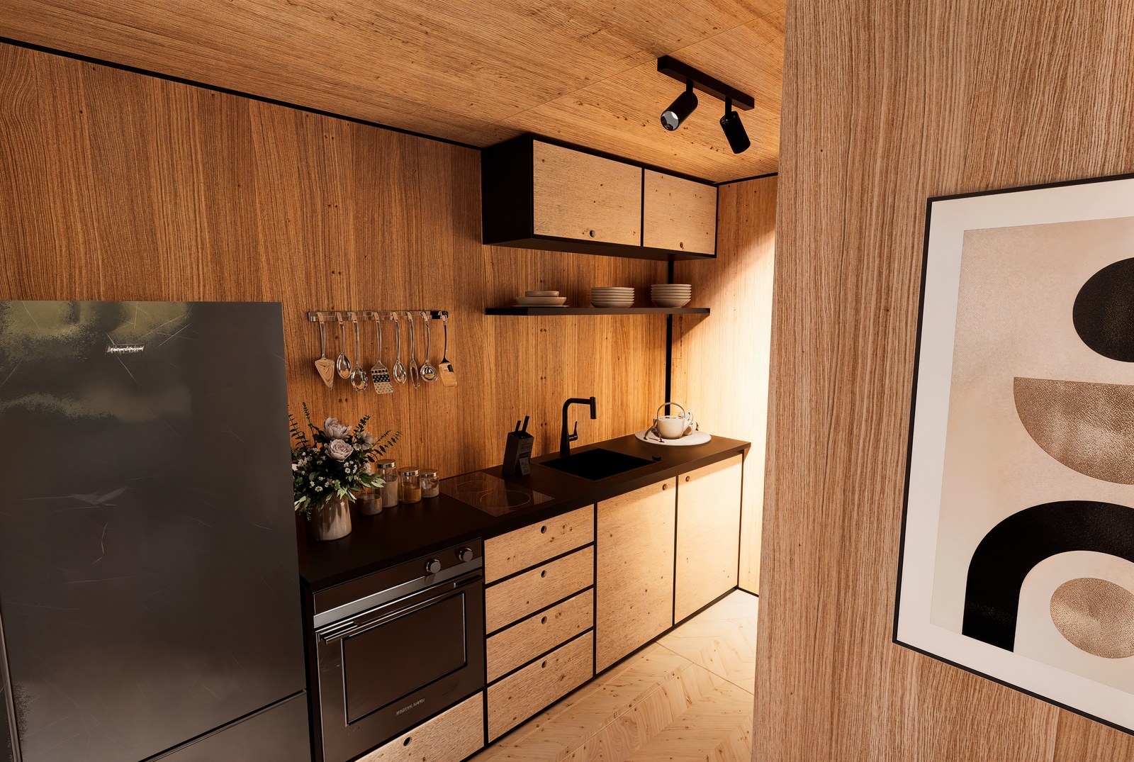 Anyplace kitchen — warm timber interior, track lighting