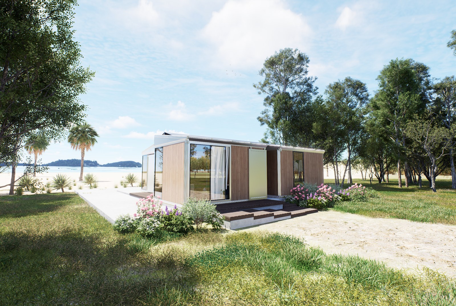 Anyplace 2-module coastal home — beach approach, palm trees, timber cladding, full glazing