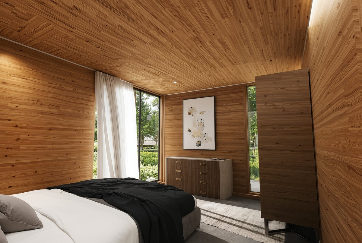 Anyplace bedroom — alternate angle, garden view through full-height window