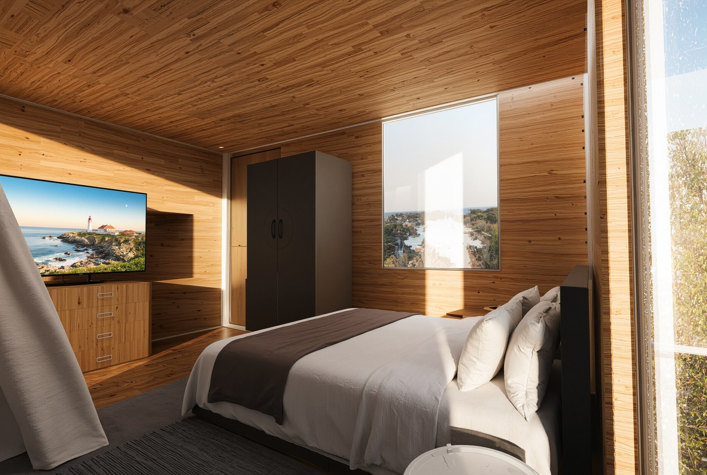 Anyplace bedroom — timber walls, morning light