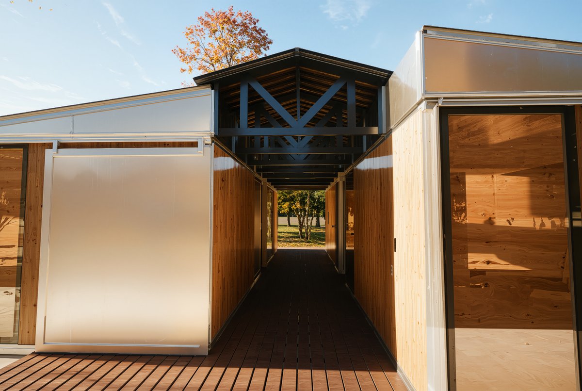 Anyplace breezeway connection between two modules — structural frame visible