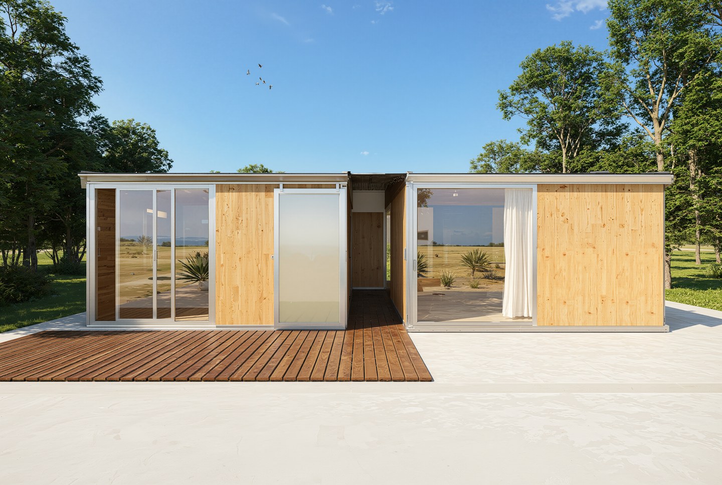 Anyplace 2-module coastal home — front elevation, timber cladding, full glazing