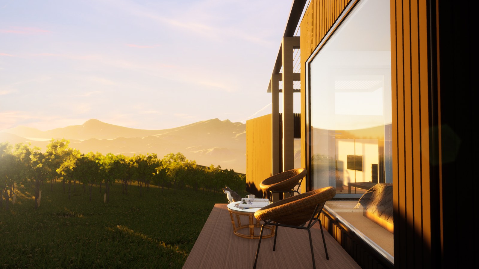 Anyplace module deck — vineyard and mountain backdrop