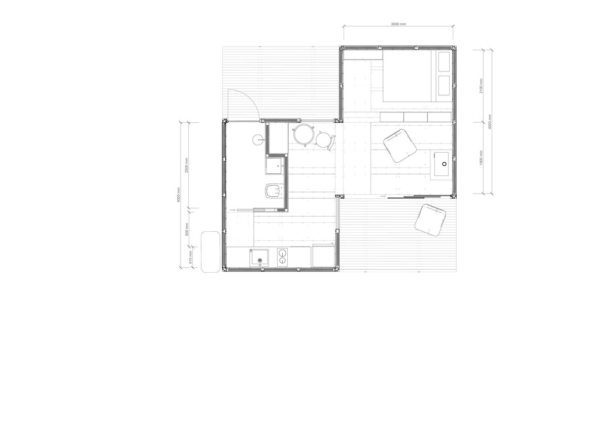 Anyplace rural microhome floor plan — 2-module layout with dimensions