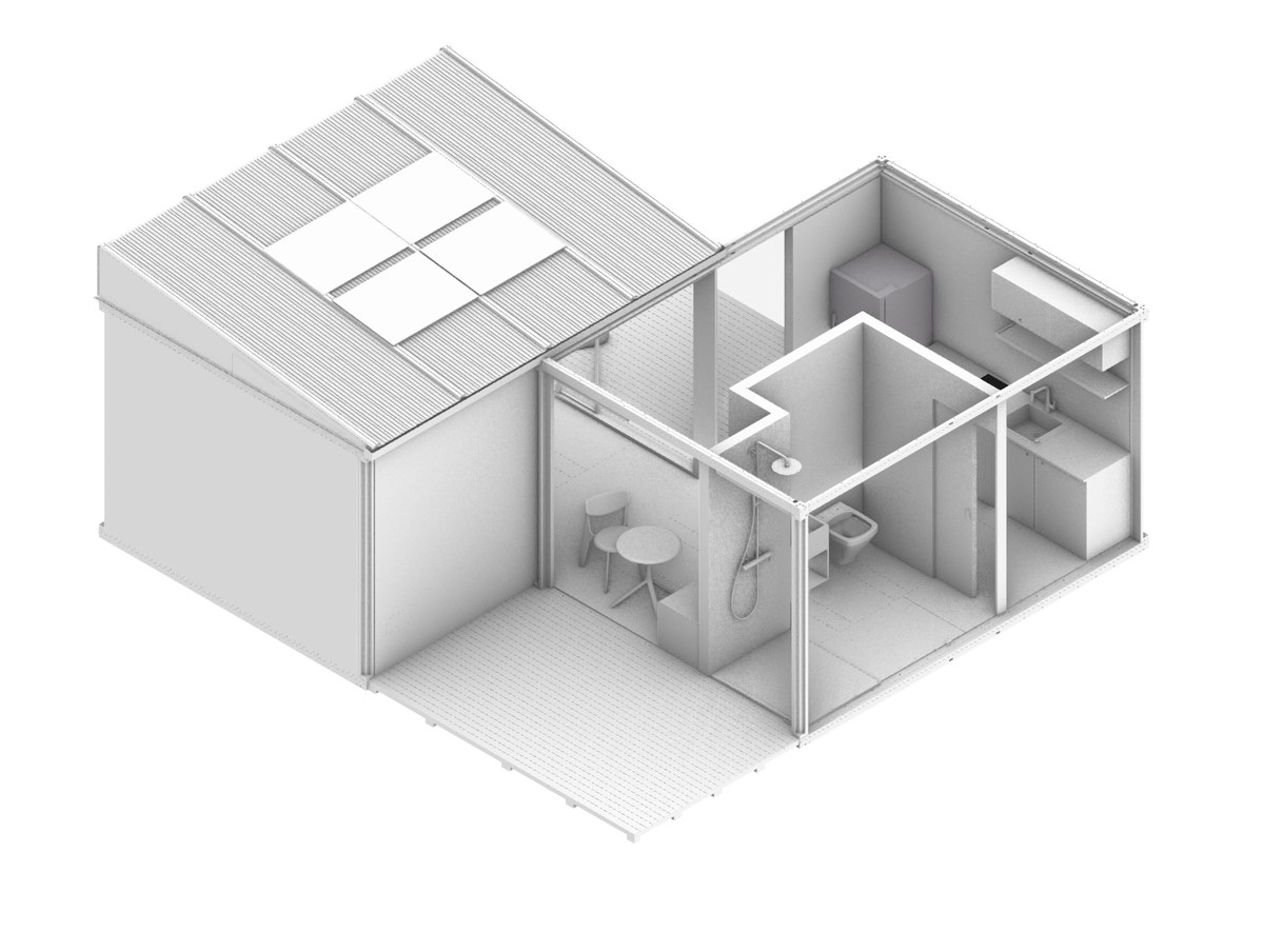 Anyplace 2-module cutaway — bathroom and kitchen layout with solar panels