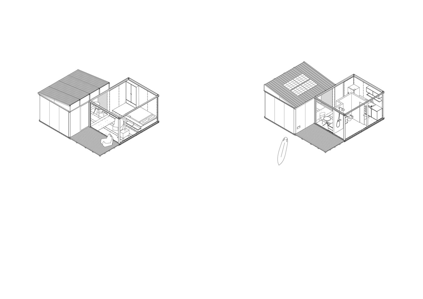 Anyplace 2-module rural microhome — isometric cutaway drawings showing wet and dry module split