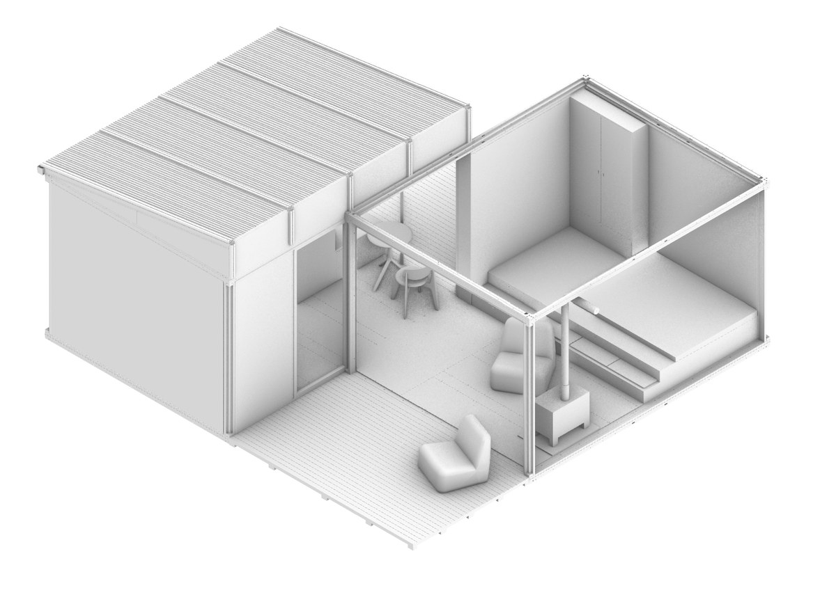 Anyplace 2-module cutaway — lounge and bedroom layout